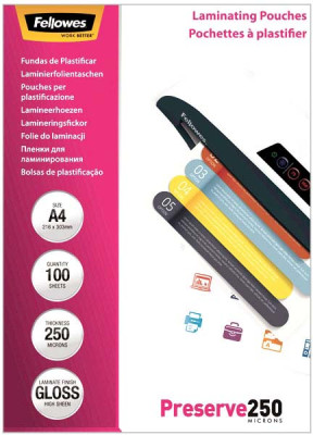 Пленка для ламинирования пакетная Fellowes, 216 х 303 мм, 250 мкм, глянцевая, 100 шт.