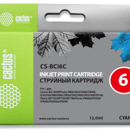 Картридж струйный Cactus CS-BCI6C голубой (12мл) для Canon S800/ S820/ S900/ S9000, i550/ i560/ i860/ i865/ i905D/ i950S/ i960x/ i965/ i990/ i9100/ i9950, JX500, MP750/ MP760, iP600D/ iP3000/ iP600D/ iP8500, BJC-8200 Photo