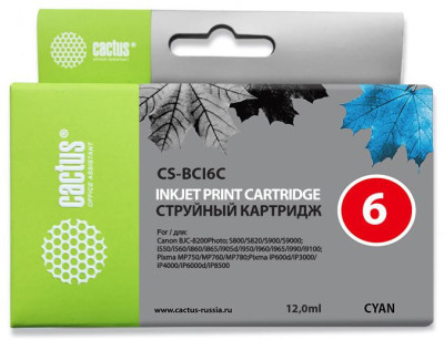 Картридж струйный Cactus CS-BCI6C голубой (12мл) для Canon S800/ S820/ S900/ S9000, i550/ i560/ i860/ i865/ i905D/ i950S/ i960x/ i965/ i990/ i9100/ i9950, JX500, MP750/ MP760, iP600D/ iP3000/ iP600D/ iP8500, BJC-8200 Photo