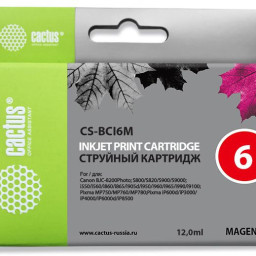 Картридж струйный Cactus CS-BCI6M пурпурный (12мл) для Canon S800/S820/S900/S9000/i550/i560/i860/i865/i905D/i950S/i960x/i965/i990/i9100/i9950/JX500/MP750/MP760/iP600D/iP3000/iP600D/iP8500/BJC-8200
