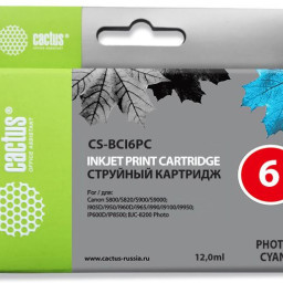 Картридж струйный Cactus CS-BCI6PC светло-голубой (12мл) для Canon BJC-8200, PIXMA MP750/ MP760/ MP780/ iP4000/ iP5000/ iP6000D/ iP8500, S800/ S820D/ S830D/ S900/ S9000/ i865/ i905D/ i9100/ i950/ i965/ i990/ i9900/ i9950