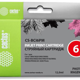 Картридж струйный Cactus CS-BCI6PM светло-пурпурный (12мл) для Canon BJC-8200/MP750/MP760/MP780/iP4000/iP5000/iP6000D/iP8500/S800/S820D/S830D/S900/S9000/i865/i905D/i9100/i950/i965/i990/i9900/i9951