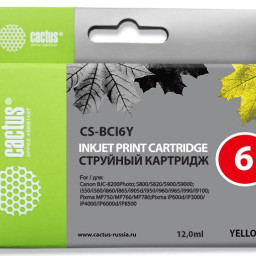 Картридж струйный Cactus CS-BCI6Y желтый (12мл) для Canon S800/S820/S900/S9000/i550/i560/i860/i865/i905D/i950S/i960x/i965/i990/i9100/i9950/JX500/MP750/MP760/iP600D/iP3000/iP600D/iP8500/BJC-8200