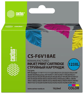 Картридж Cactus Cartridge CS-F6V18AE для HP ENVY, Office, DeskJet (color), 18 мл