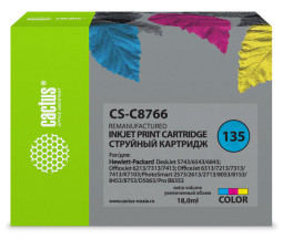 Картридж струйный Cactus CS-C8766 №135 многоцветный (18 мл) для HP DJ 5743/6543/6843/DJ 6213/7313/7413/6313/7213/7313/7413/K7103/PS 2573/2613/2713/8053/8153/8453/8753/D5063/Pro B8353