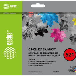 Картридж струйный Cactus CS-CLI521BK/M/C/Y черный/голубой/желтый/пурпурный набор (33.6мл) для Canon Pixma iP3600/iP4600/iP4700/MP540/MP550/MP560/MP620/MP630/MP640/MP980/MP990/MX860/MX870