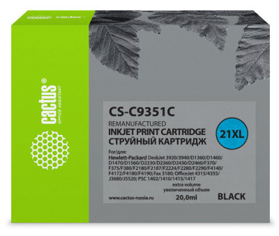Картридж струйный Cactus CS-C9351C №21XL черный (20 мл) для HP DJ 3920/3940/D1360/D1460/D1470/D1560/D2330/D2360