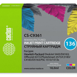 Картридж струйный Cactus CS-C9361 №136 многоцветный (18 мл) для HP DJ 5443/D4163/DJ 6313/PS 2573/C3183/C4183/D5163/1513/1513s
