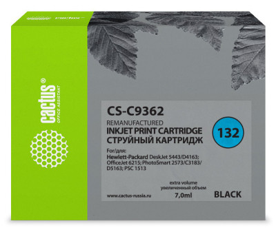 Картридж струйный Cactus CS-C9362 №132 черный (7 мл) для HP DJ 5443/D4163/DJ 6215/PS 2573/C3183/D5163/PSC 1513