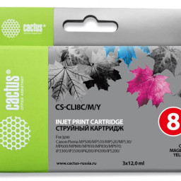Картридж струйный Cactus CS-CLI8C/M/Y голубой/пурпурный/желтый набор (36мл) для Canon MP470/500/530/600/800/810/830/970/MX850/iP4200/4300/520