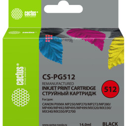 Картридж струйный Cactus CS-PG512 черный (14мл) для Canon Pixma iP2700/MP240/MP250/MP260/MP270/MP272/MP280/MP480/MP490/MP492/MP495/MX320/MX330/MX340/MX350