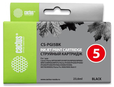 Картридж струйный Cactus CS-PGI5BK черный (23.6мл) для Canon Pixma MP470/MP500/MP520/MP530/MP600/MP800/MP810/MP830/MP979/iP3500/iP4200/iP4300/ iP5200/iP5300/iP6700D/MX700/MX850/iX4000/iX5000/Pro 9000/9000Mark II