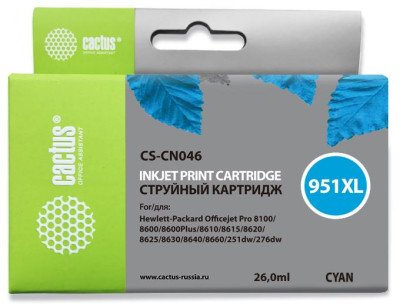 Картридж струйный Cactus CS-CN046 №951XL голубой (26 мл) для HP DJ Pro 8100/8600
