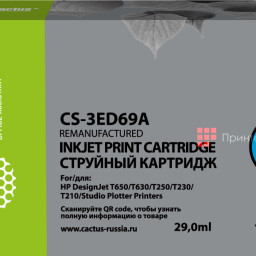 Картридж Cactus Cartridge CS-3ED69A для HP DesignJet T200, T600 (yellow), 29 мл