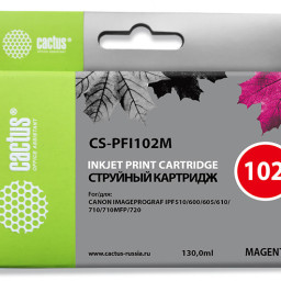 Картридж струйный Cactus CS-PFI102M пурпурный (130мл) для Canon IP iPF500/iPF600/iPF700/MFP M40/iPF765/LP17/LP24