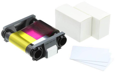 Evolis комплект лента YMCKO (цветная) на 100 карт + белые карты Blank White Cards CR-80 30 мил, 100 шт