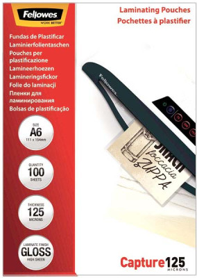 Пленка для ламинирования пакетная Fellowes, 111 х 154 мм, 125 мкм, глянцевая, 100 шт.